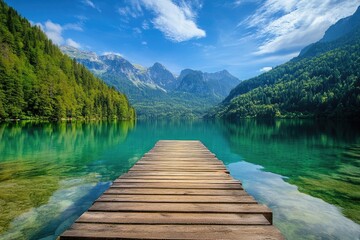 Fototapeta premium A wooden dock extends into a serene lake, surrounded by majestic mountains