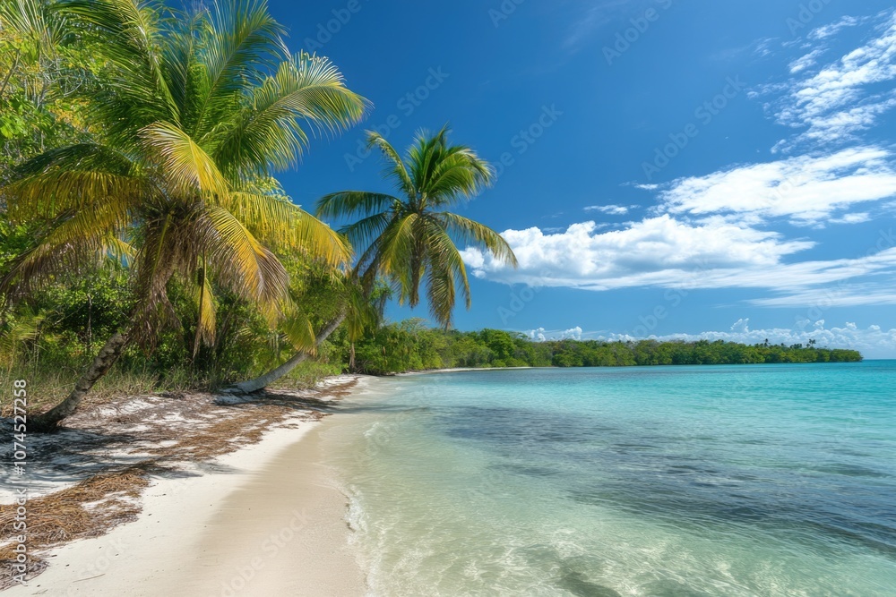 Poster a beautiful and serene sandy beach scene with palm trees on a sunny day