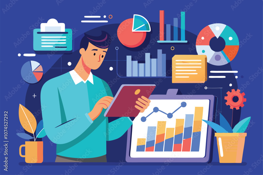 Poster a man is engaged in analyzing various infographics and bar charts using a tablet in a bright workspa