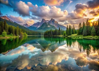Obraz premium Serene Mountain Lake Reflection in Nature's Embrace: Tranquil Waters, Majestic Peaks, and Lush Greenery Captured in Stunning Product Photography for Outdoor Enthusiasts