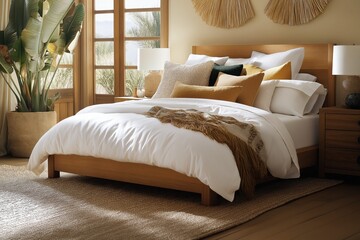 Rustic Bedroom Decor with Cozy Bedding in Earth Tones, Natural Light and Indoor Greenery for Warm, Inviting Ambiance