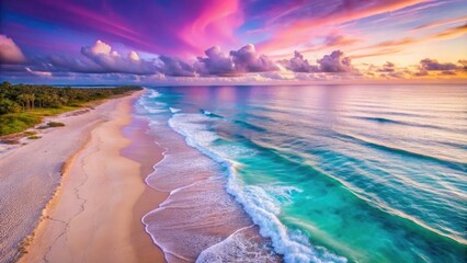 Obraz premium Serene Shoreline with Gentle Aqua Waves and Soft Lavender Sand Under a Pink Sky - Perfect for Text Overlay and Relaxation Themes