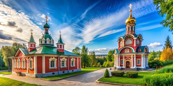 Serene Chapel of St Nicholas at Ugreshsky Monastery in Dzerzhinsky, Moscow Oblast, Russia, Surrounded by Lush Greenery and Bright Blue Sky - A Peaceful Landscape Image