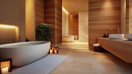 Fototapeta premium A serene modern bathroom with a freestanding tub, warm wooden accents, soft lighting, and decorative stones, creating a relaxing atmosphere.