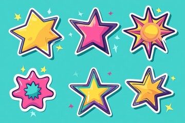 Fototapeta premium A set of colorful star stickers against a bright blue background, ideal for adding to scrapbooks or decorating kids' rooms