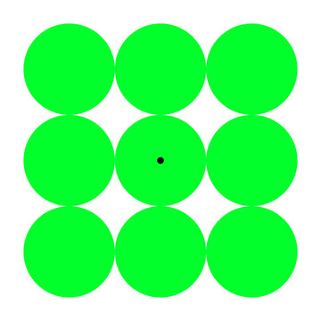 Green discs inducing a pink negative afterimage and optical illusion. Stare at the black dot for around 30 seconds. Look at a white wall or black screen. The discs appear in complementary color pink.