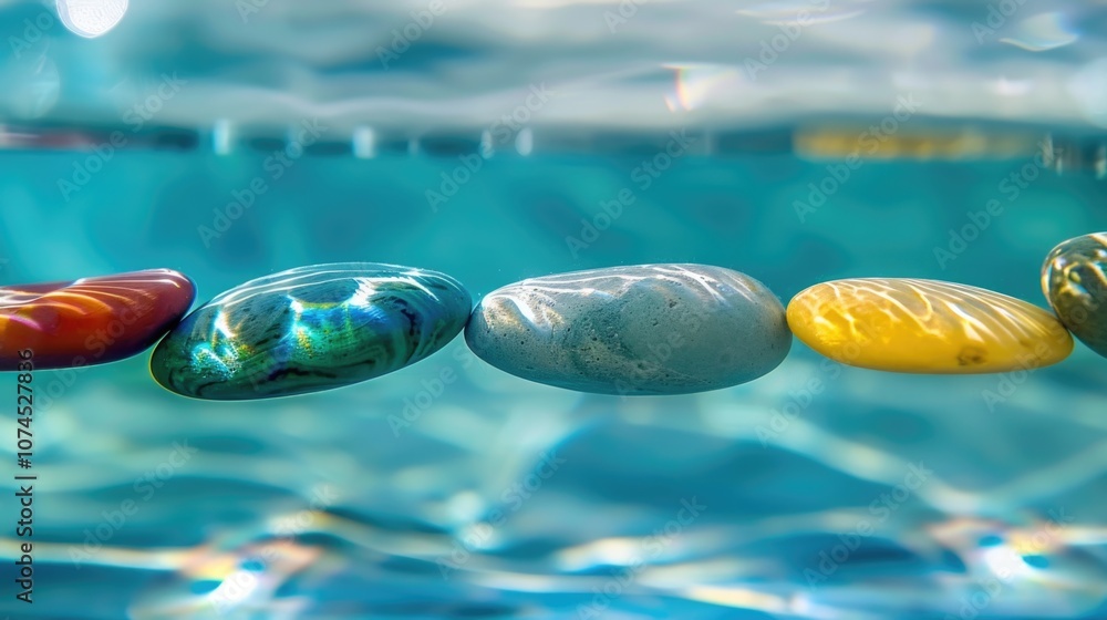 Poster group of rocks perched on the edge of a pool, serene atmosphere