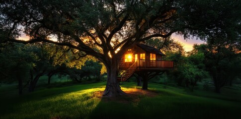 Fototapeta premium Charming treehouse nestled among the branches of a majestic old oak tree, a perfect retreat in nature.