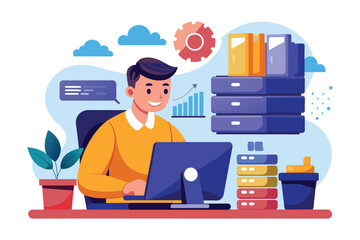 A man is engaged with his computer while managing large database backup files in a modern office Man with computer and large database backup files, illustrated in a flat style.