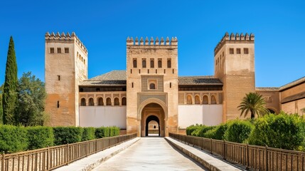 Fototapeta premium Historic Castle Fortress with Classic Spanish Architecture, Beautiful Heritage Landmark under Blue Sky