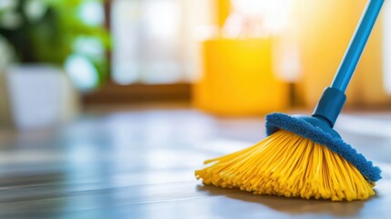 A vibrant cleaning scene featuring a blue broom sweeping a wooden floor, illuminated by warm sunlight streaming through a window.
