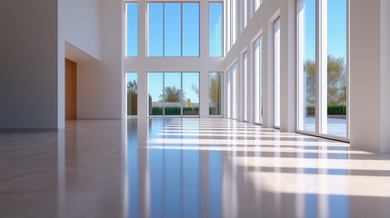 Fototapeta premium A spacious, modern interior with large windows allowing natural light to fill the room, showcasing polished floors and a minimalist design.