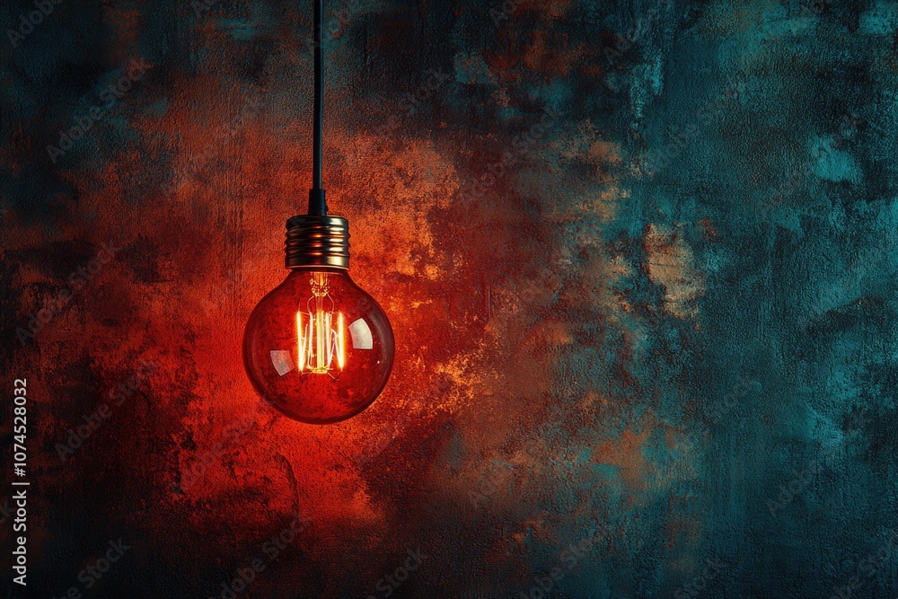 Poster a single red light bulb hangs from a wire, simple and isolated