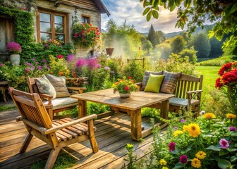 Obraz premium Charming Double Exposure Photography of Beautifully Decorated Wooden Garden Furniture in a Bavarian Farmhouse Garden Surrounded by Lush Greenery and Vibrant Flowers in Europe