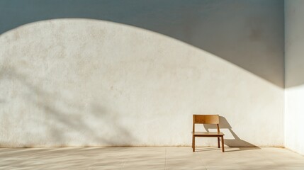 Wooden Chair with Shadow on Minimalist Wall, Sunlit Interior Design Concept Showcasing Simplicity and Tranquility