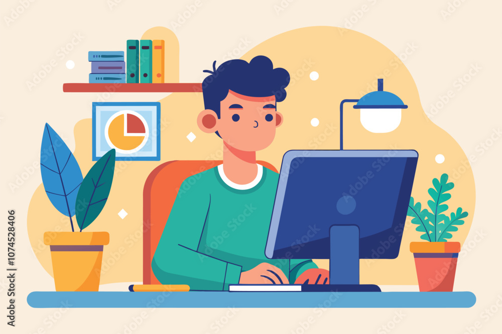 Aufkleber a young man is intently typing on a computer in a bright and inviting home office environment man wo