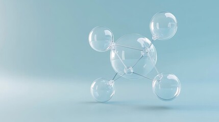 3D illustration of glass molecules or atoms on a light blue background ideal for concepts in biochemistry pharmaceuticals beauty and medicine