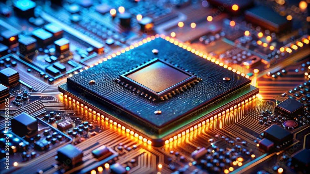 Poster close-up macro photography of a specialized chip designed for artificial intelligence applications, 