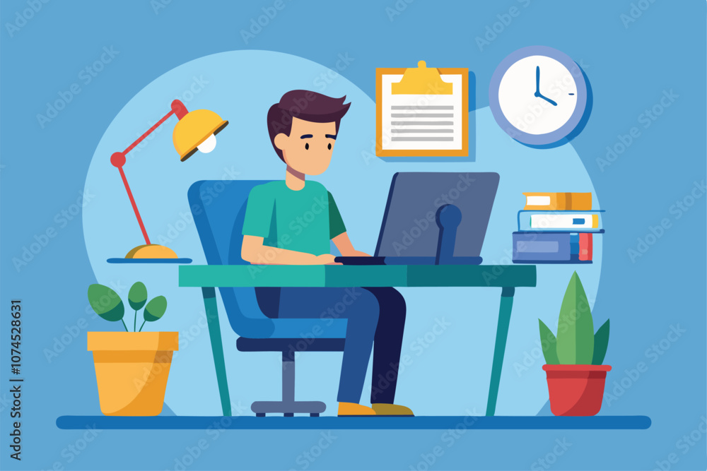 Poster a man focuses on his computer while seated at a desk surrounded by plants and a clock man working at
