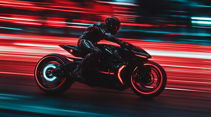 Fototapeta premium A motorcyclist speeds through the city at night, the bright red and blue lights creating a blur of motion