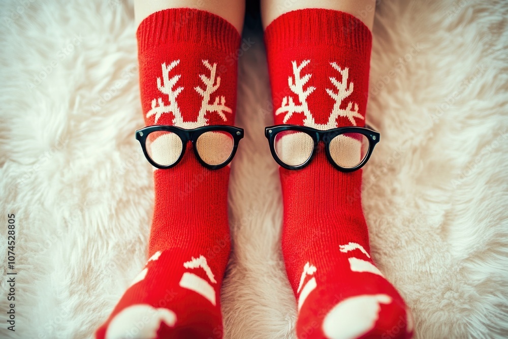 Poster a person wearing distinctive red socks and black glasses, ideal for use in illustrations or as a cha