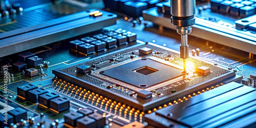 Poster close-up of a computer chip manufacturing process highlighting advanced technology in a high-tech en