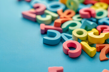 Naklejka premium Colorful plastic numbers on blue surface with copy space