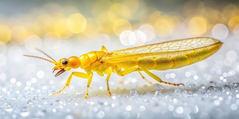 Naklejka premium Close-Up of a Vibrant Yellow Thrips Insect on a Pure White Background, Highlighting Intricate Details and Textures in Nature's Micro World