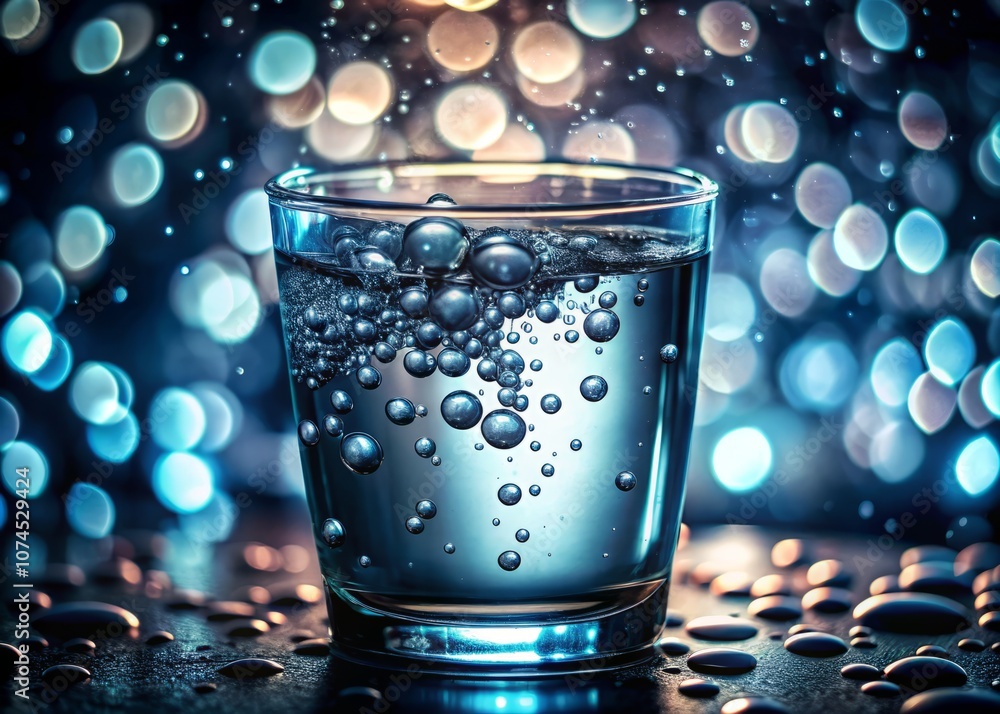 Poster close-up of drinking water with bubbles in soft focus against an empty background - low light photog