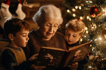 Grandmother reading to grandkids by Christmas tree