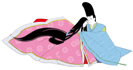 平安王朝風の男女の逢瀬のイラスト。日本の民族衣装「狩衣」の男性と「袿」の女性