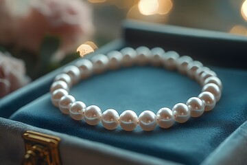 a pearl necklace draped over a soft blue velvet jewelry box. jewelry box display