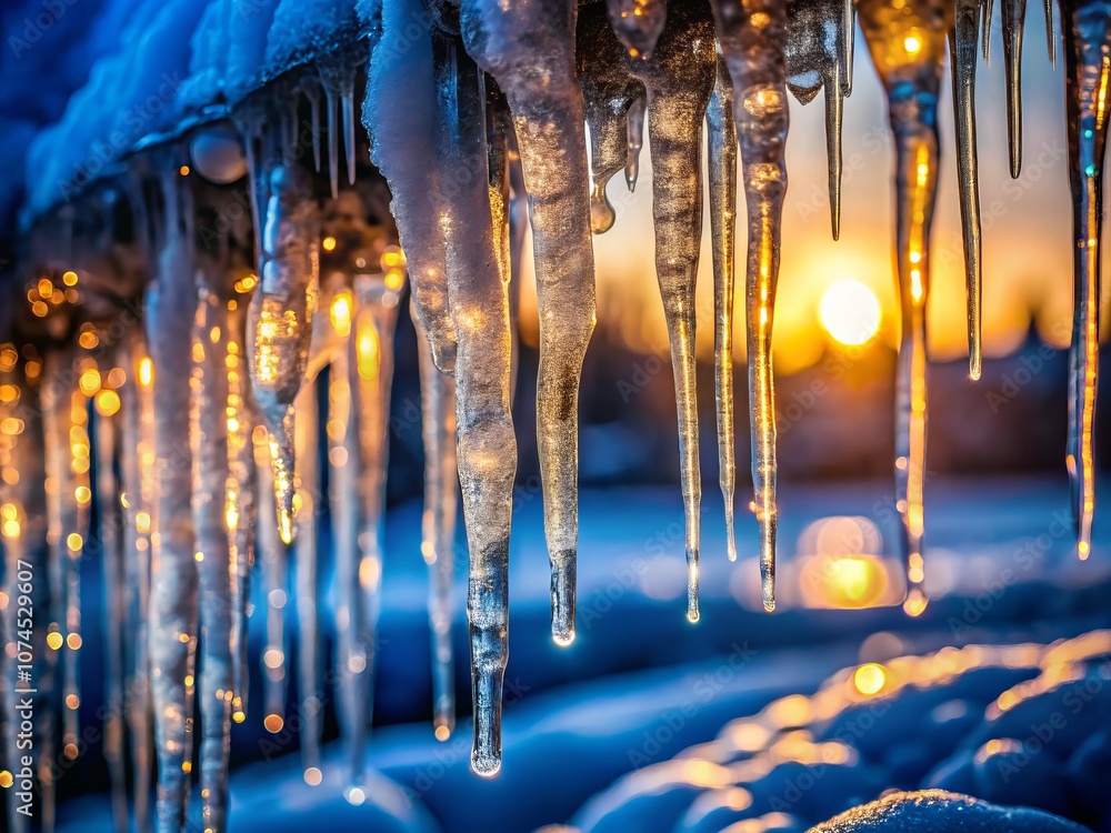 Poster close-up of shimmering icicles hanging from a frozen surface in low light, capturing the intricate d