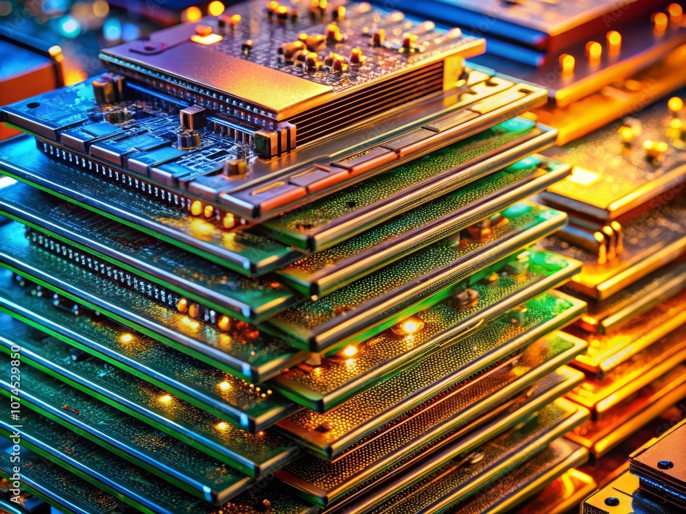 Poster close-up panoramic view of a stack of electronic circuit boards showcasing intricate designs and com