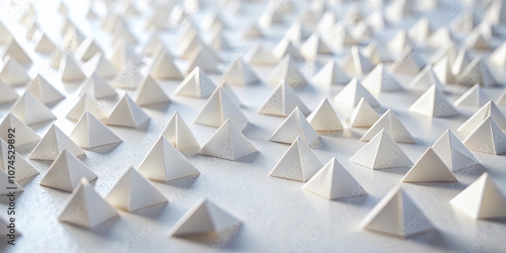 Poster serene macro photography of scattered triangles on a white background, showcasing tranquility and mi