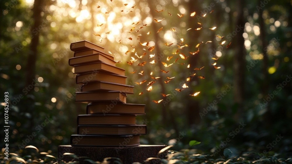 Poster books transform into butterflies in a serene forest setting