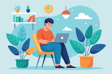 Fototapeta premium A young man focuses on his laptop while seated in a chair amid greenery and a serene work environment Man working on laptop, sitting on chair, flat illustration.
