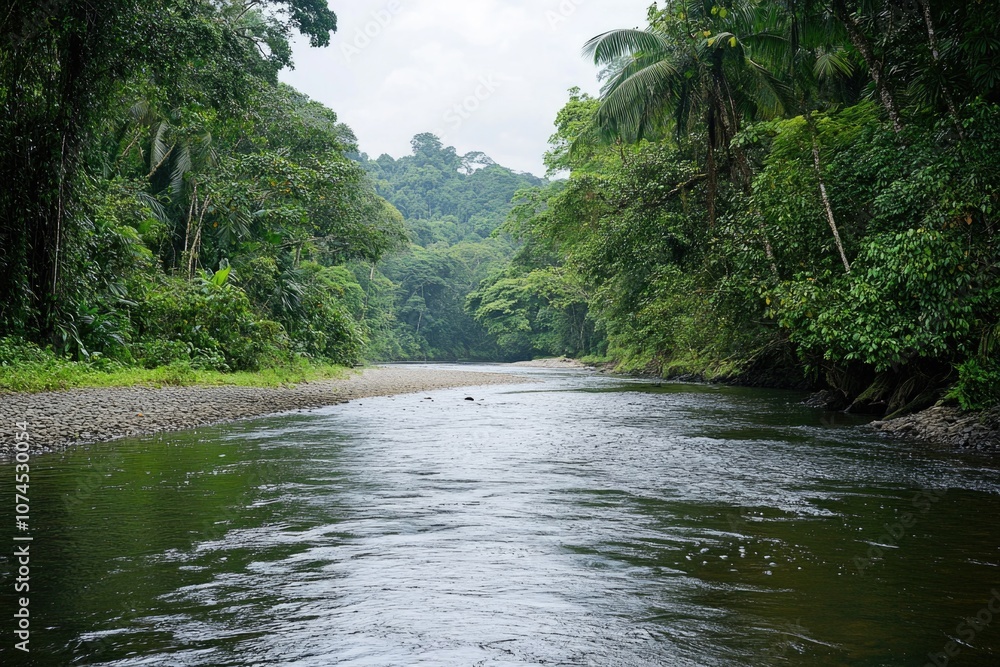 Poster a serene scene of a river flowing through a dense and vibrant green forest, perfect for use in trave