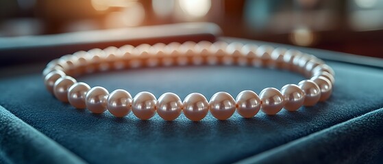 a pearl necklace draped over a soft blue velvet jewelry box. jewelry box display