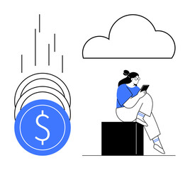 Woman seated on block using tablet, surrounded by falling coins and cloud. Ideal for finance, tech, savings, digital banking, investment, online transactions fintech concepts. Line metaphor