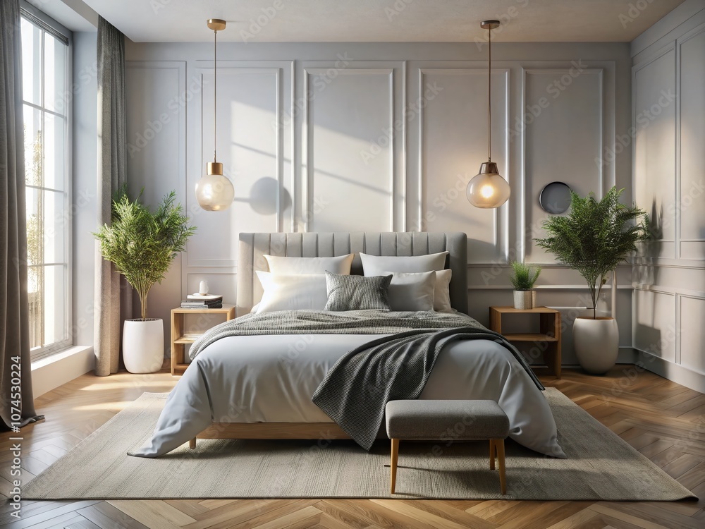 Poster serene minimalist monochromatic bedroom with soft light and shadows emphasizing comfort and elegance