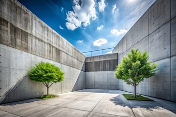 Obraz premium Conceptual Photography of a Stark Outdoor Area Dominated by Gray Concrete Walls, Highlighting the Contrast Between Urban Design and Natural Elements in a Minimalist Composition