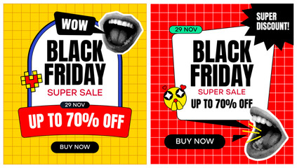 Set of Retro Black Friday sale banner with halftone cut out paper elements. Discount voucher, special price off event banner template. Sale banners with cut out paper elements in Retro y2k style.