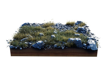 Square soil land geology cross section with green grass, flowers, green or dry grass isolated on white background. Realistic natural element for design. Bright 3d illustration.	
