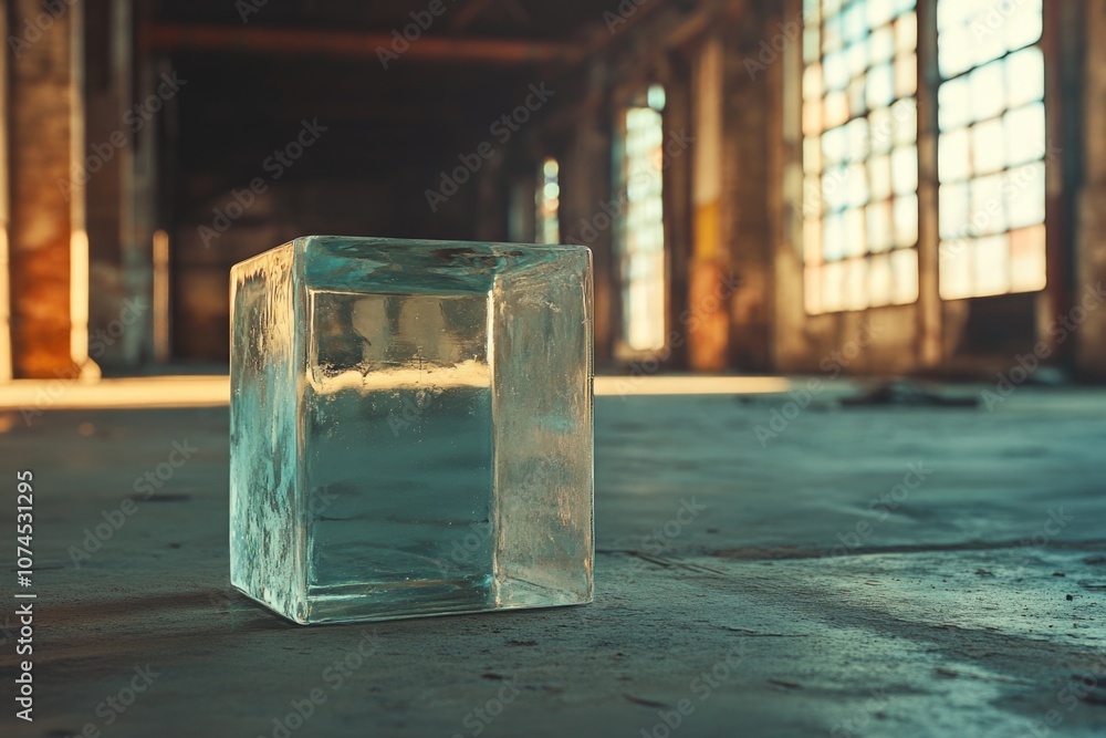 Poster a single glass block sits on the ground inside a building, possibly for decoration or as part of a a