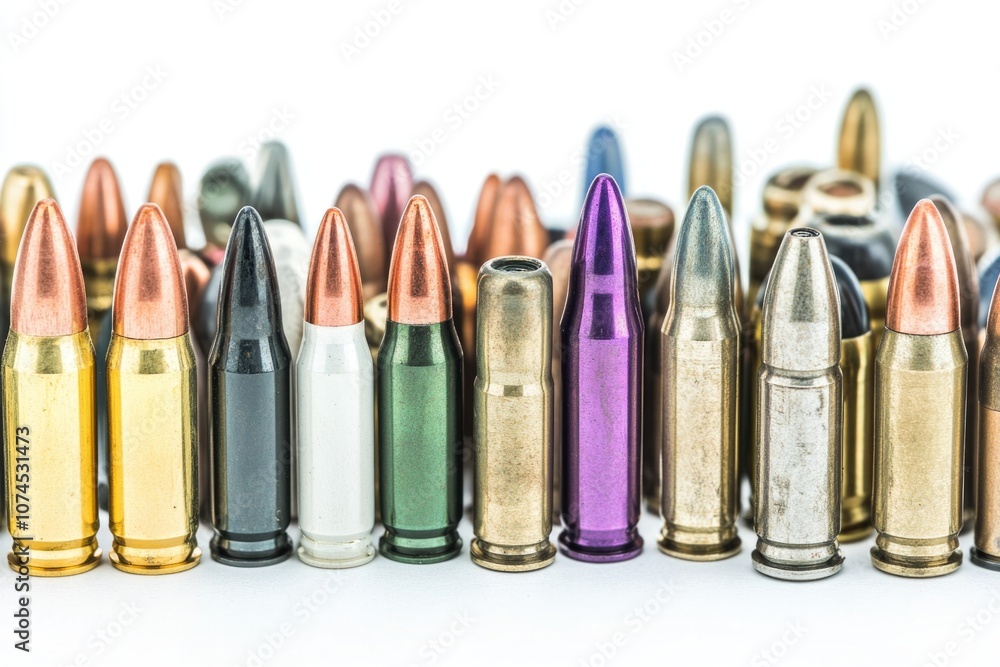 Poster a collection of colorful bullet shells arranged on a white background