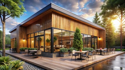 Fototapeta premium Stylish Wooden Coffee Shop Exterior with Natural Elements and Modern Design for Cozy Atmospheres in Minimalist Photography