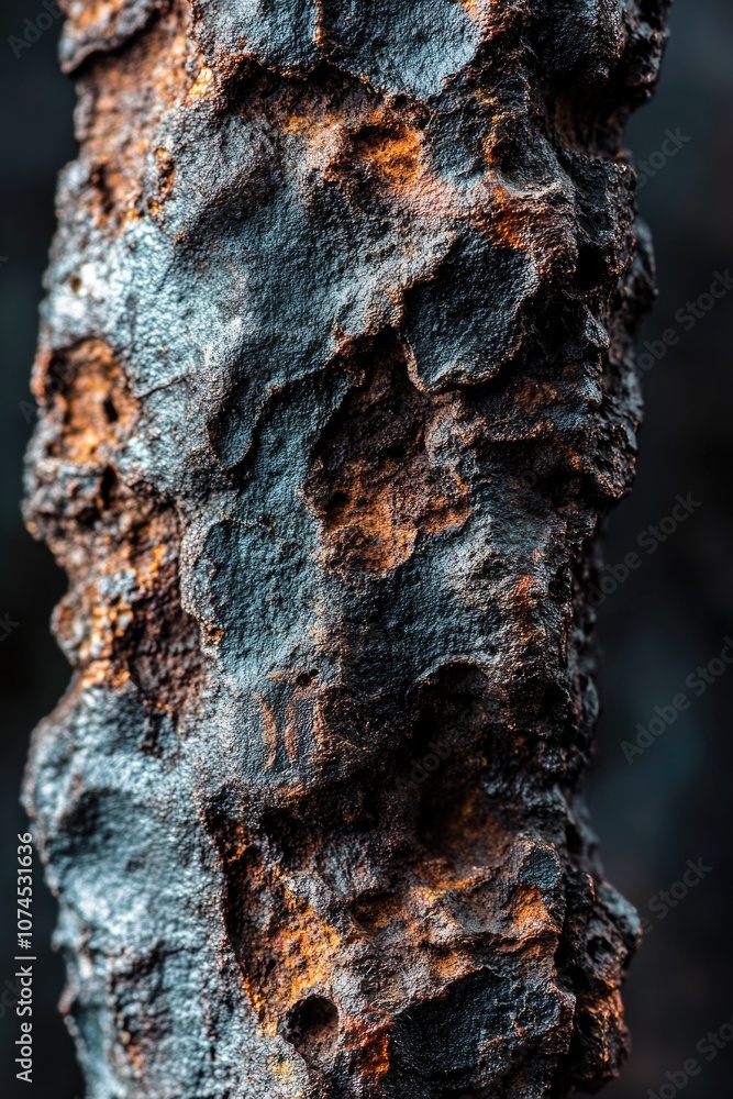 Poster a close-up shot of a tree trunk against a dark background, highlighting the texture and pattern of t