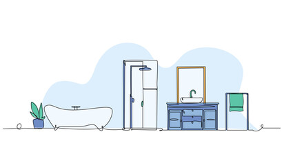 Vector illustration of bathroom interior. Modern flat in continuous line style.