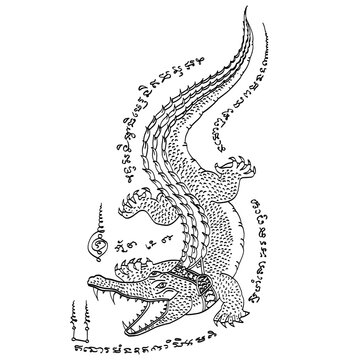"Crocodile Yant" is a Thai tattoo featuring the image of a crocodile, symbolizing power, strength, and protection. It is believed to provide the wearer with invulnerability and ward off evil spirits.